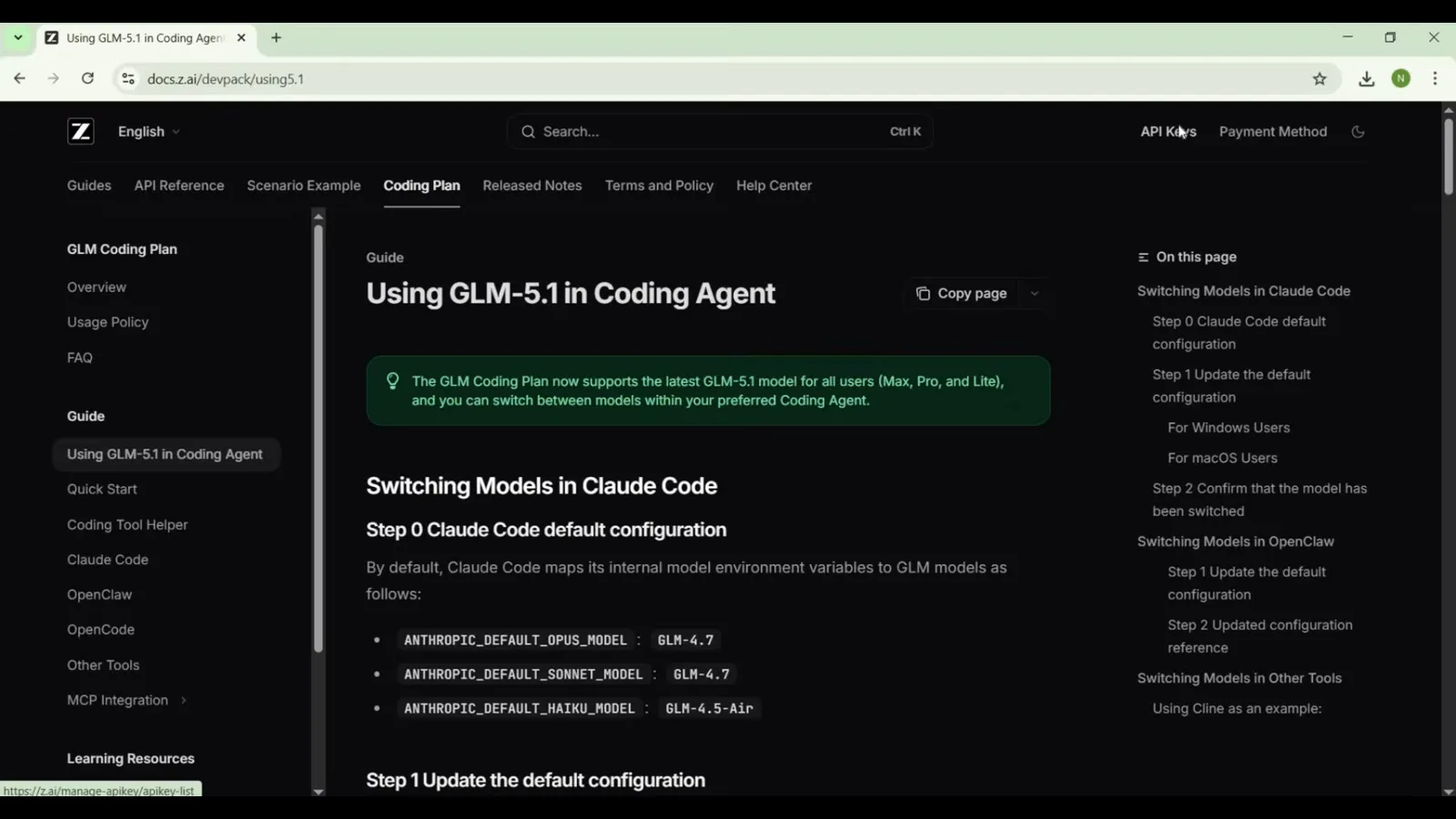 z.ai developer docs guide for switching models in Claude Code with the default ANTHROPIC model environment variables listed