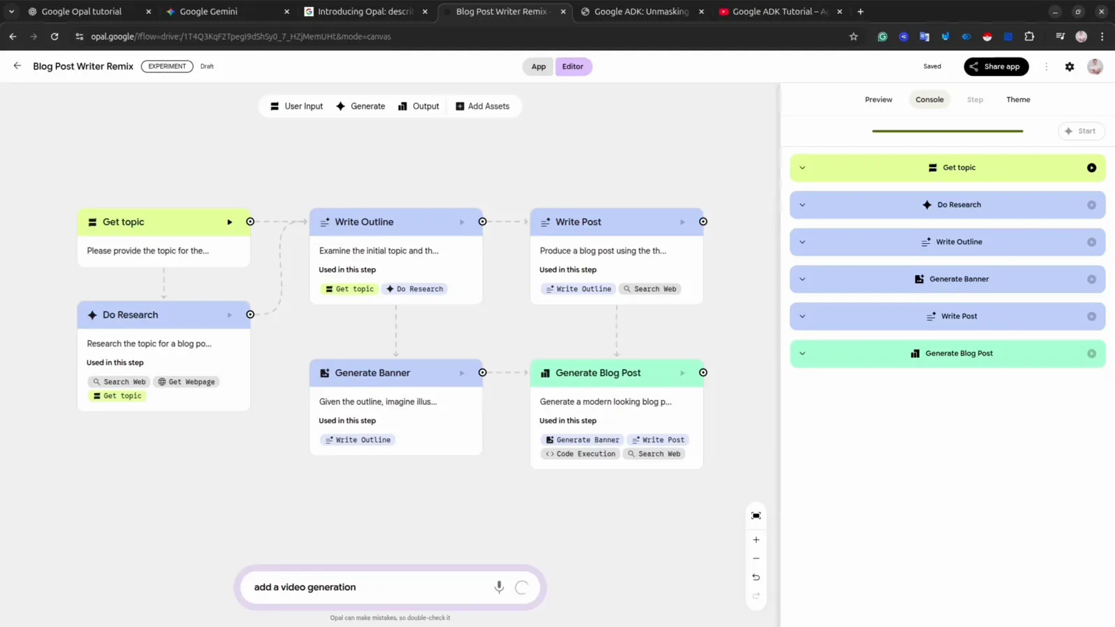 Google Opal prompt bar with an add a video generation request that appended Generate Video Instruction and Generate Video Clip steps to the workflow