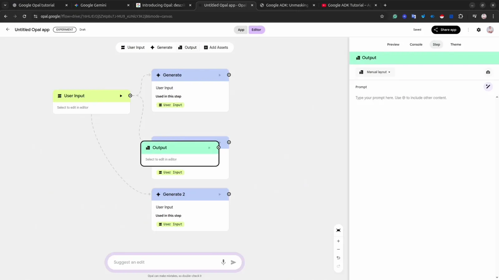 New Google Opal workflow chaining User Input into two Generate steps and an Output node so each card feeds its result to the next one
