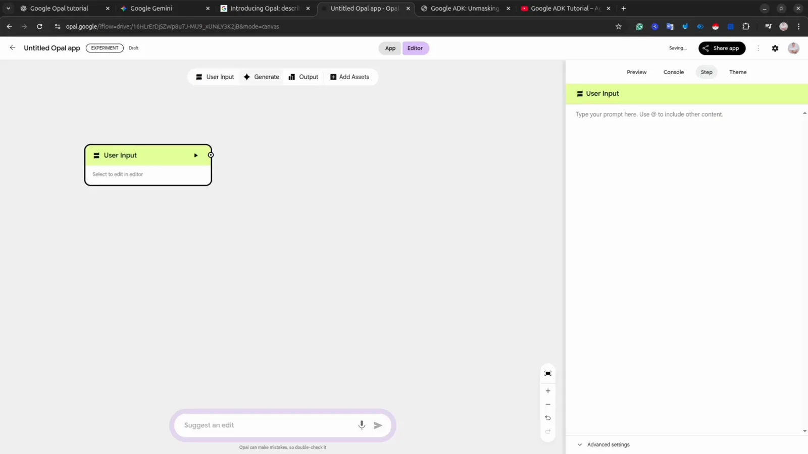 Blank Untitled Opal app canvas in Google Opal with a single User Input node placed as the first step of a brand new workflow