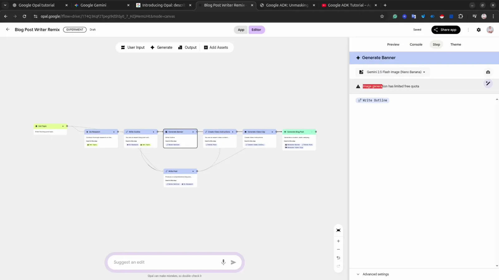 Generate Banner step in Google Opal showing the Image generation has limited free quota banner that explains why the app run stopped
