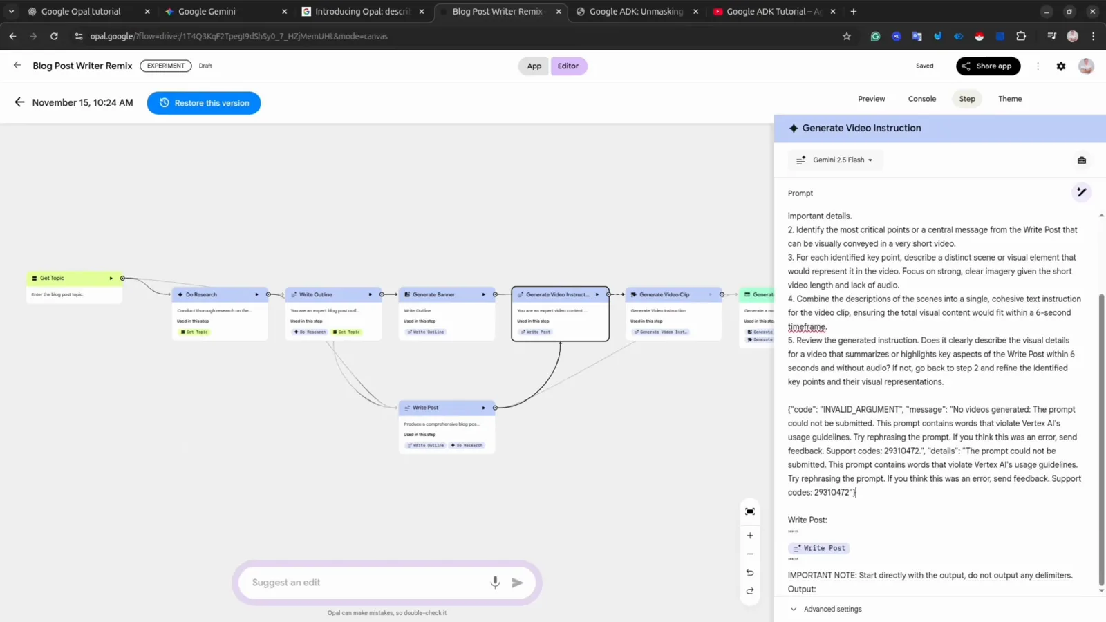 Generate Video Instruction panel in Google Opal with a rewritten prompt and IMPORTANT rules that keep model output inside content policy limits