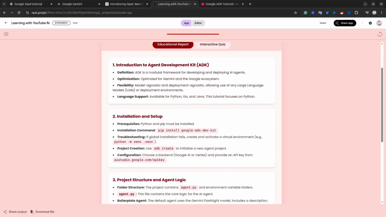 Educational Report generated by Google Opal from a YouTube video, summarizing Agent Development Kit setup steps with pip install commands