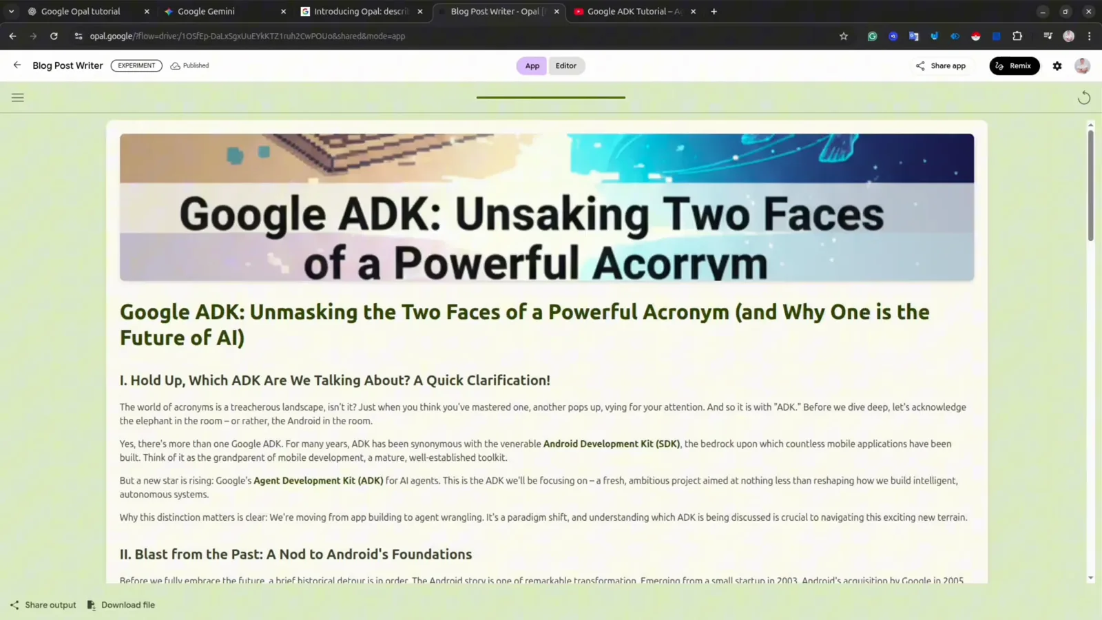 Finished Google Opal run rendering a Google ADK explainer as a styled web page produced by the from-scratch workflow