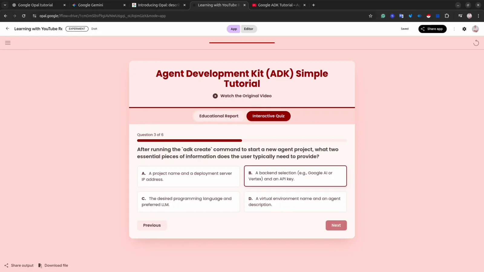 Interactive Quiz tab of a Google Opal learning app showing question 3 of 8 with the answer about agent backend selection checked as correct