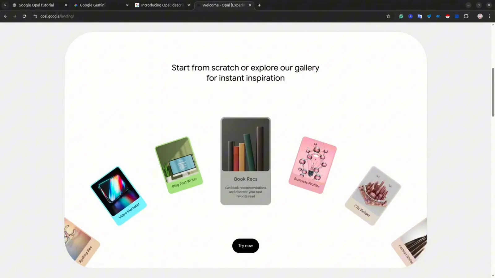 Opal landing page inviting you to start from scratch or explore the gallery of fanned template cards before your first Google Opal build