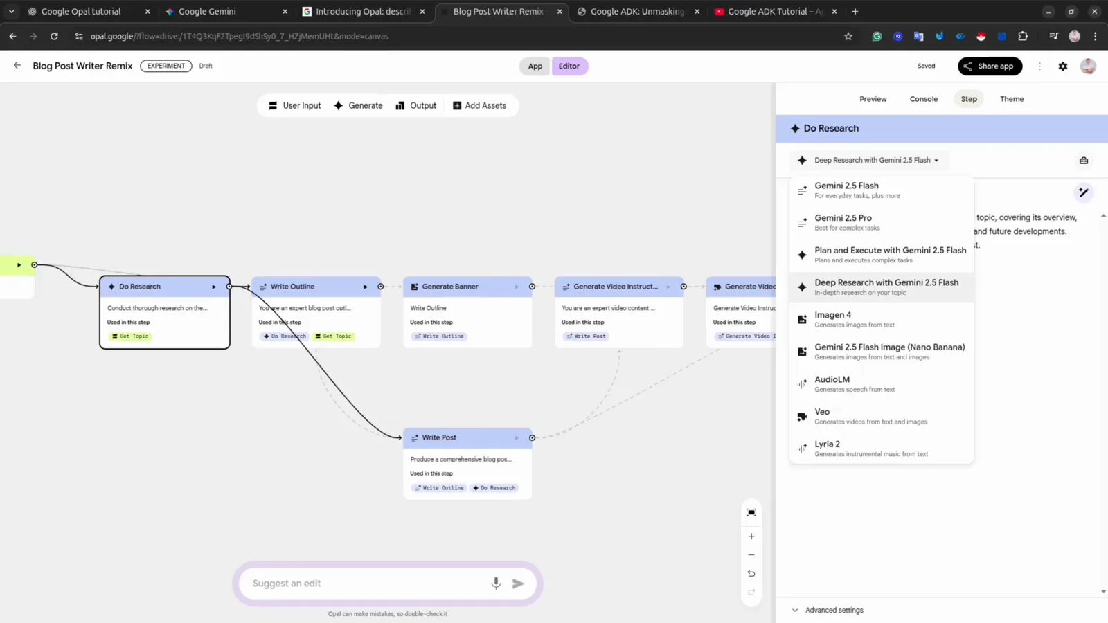 Model dropdown open on the Do Research step in Google Opal listing Gemini 2.5 Flash, Gemini 2.5 Pro, Veo, Lyria 2, and the Nano Banana image model