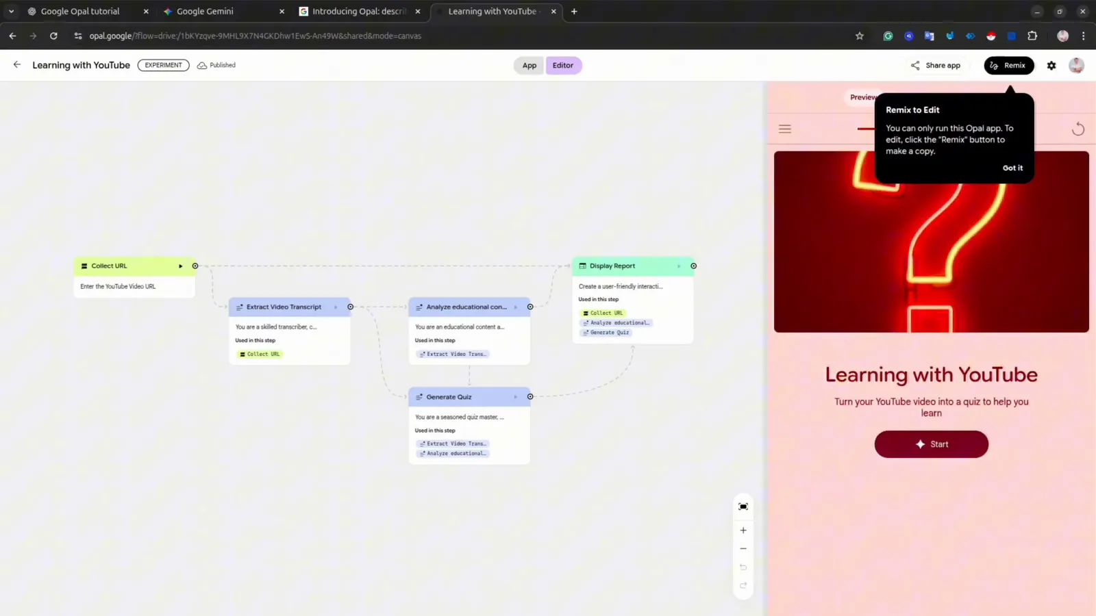 Learning with YouTube template open in the Google Opal editor with its step canvas on the left and the live app preview beside it