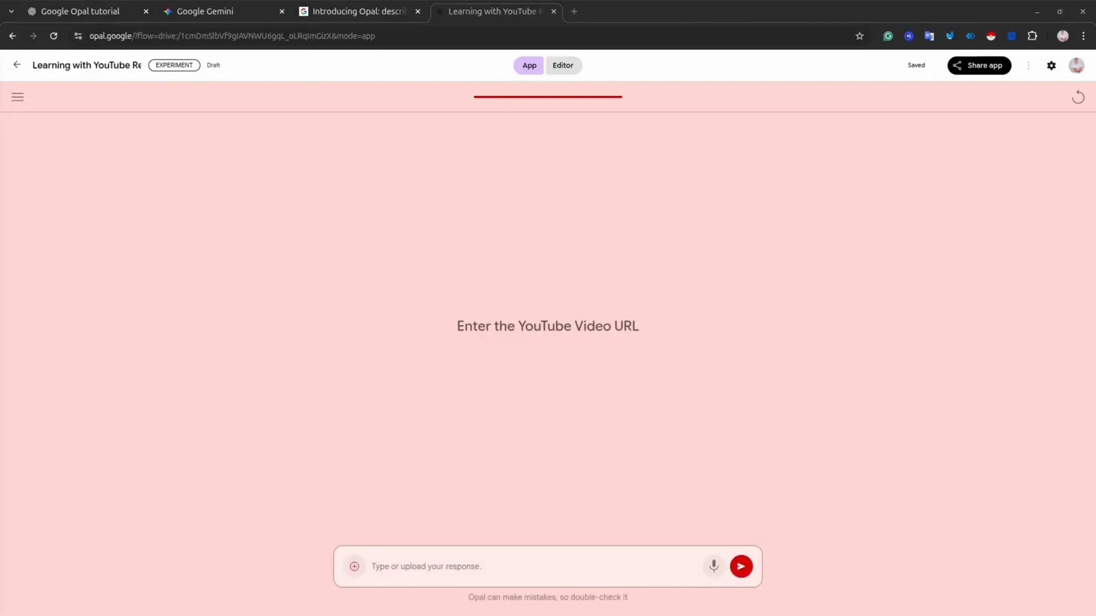 Google Opal preview asking to enter the YouTube video URL right after pressing Start in the Learning with YouTube Remix app