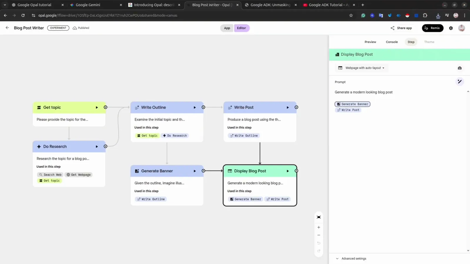 Blog Post Writer workflow in Google Opal with six connected step cards from Get Topic to Display Blog Post before clicking the Remix button