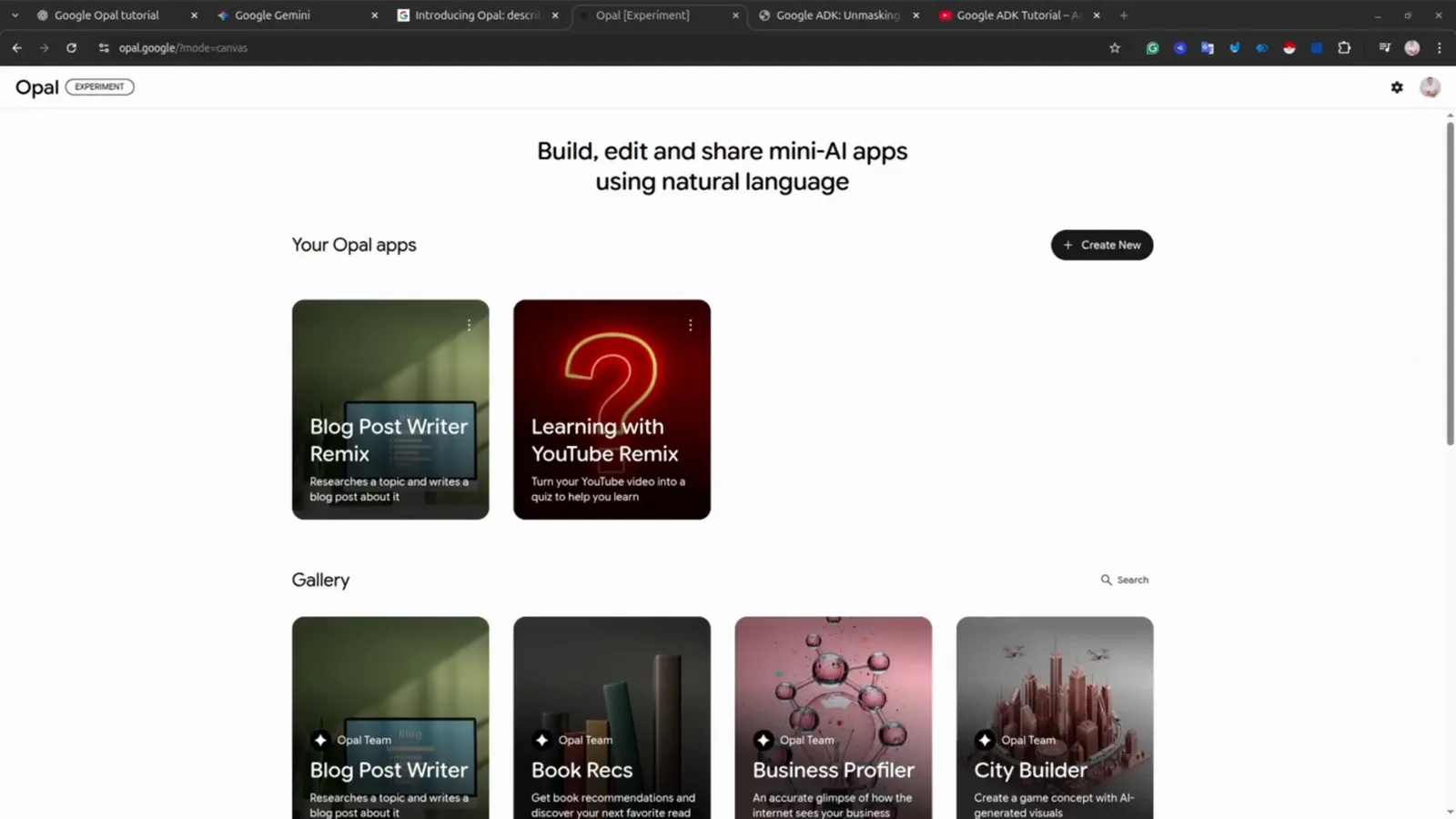 Your Opal apps section on the Google Opal dashboard holding the Blog Post Writer Remix and Learning with YouTube Remix cards after editing