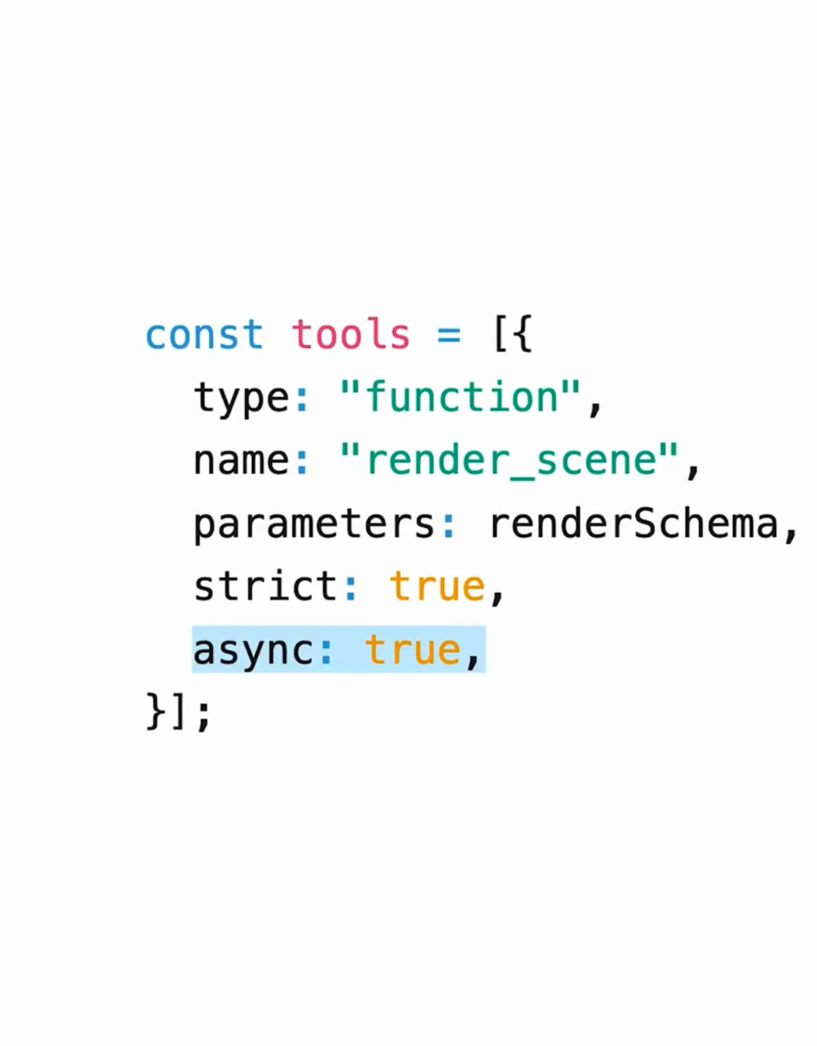 OpenAI API tools array defining a render_scene function with strict mode and the async true flag that lets GPT-6 Astra run tools in parallel OpenAI API tools array defining a render_scene function with strict mode and the async true flag that lets GPT-6 Astra run tools in parallel