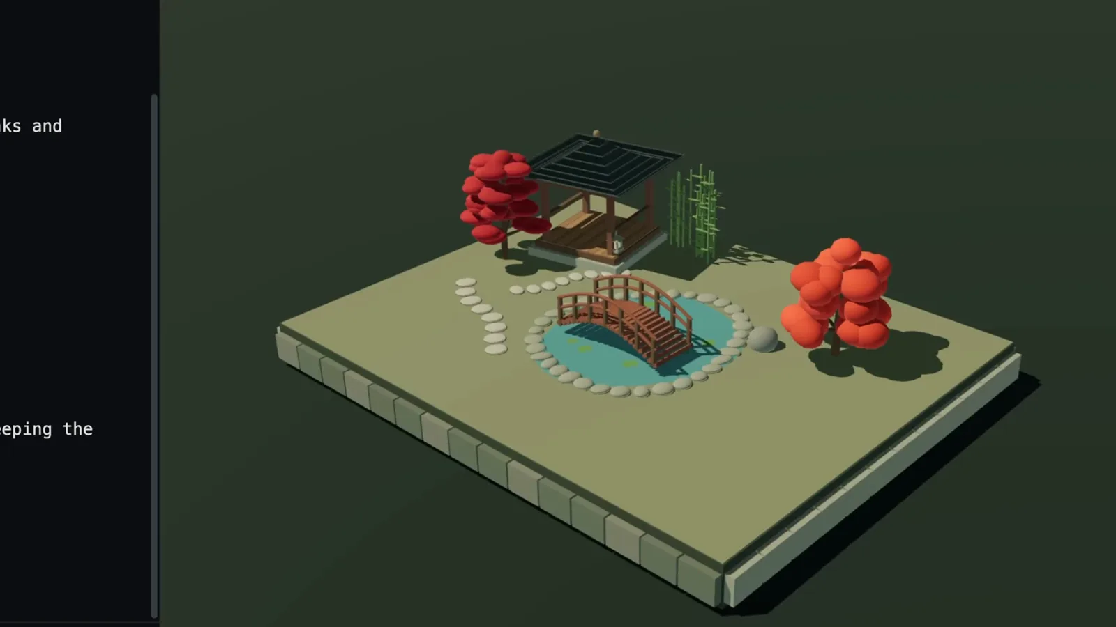 Finished Three.js Japanese garden render from GPT-6 Astra in Codex with red trees, a vermilion bridge and a koi pond on a green baseplate Finished Three.js Japanese garden render from GPT-6 Astra in Codex with red trees, a vermilion bridge and a koi pond on a green baseplate