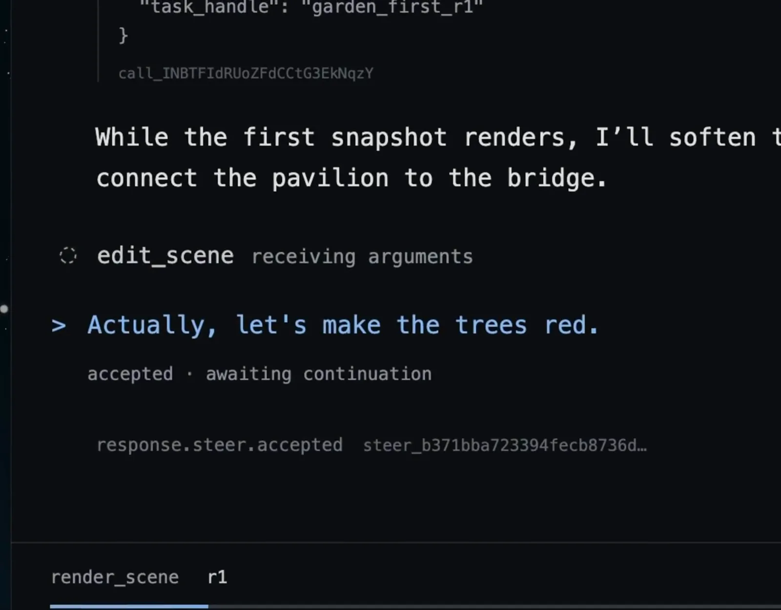 Codex console showing response.steer.accepted after the lets make the trees red instruction while render_scene r1 continues at 128 of 768 tiles Codex console showing response.steer.accepted after the lets make the trees red instruction while render_scene r1 continues at 128 of 768 tiles