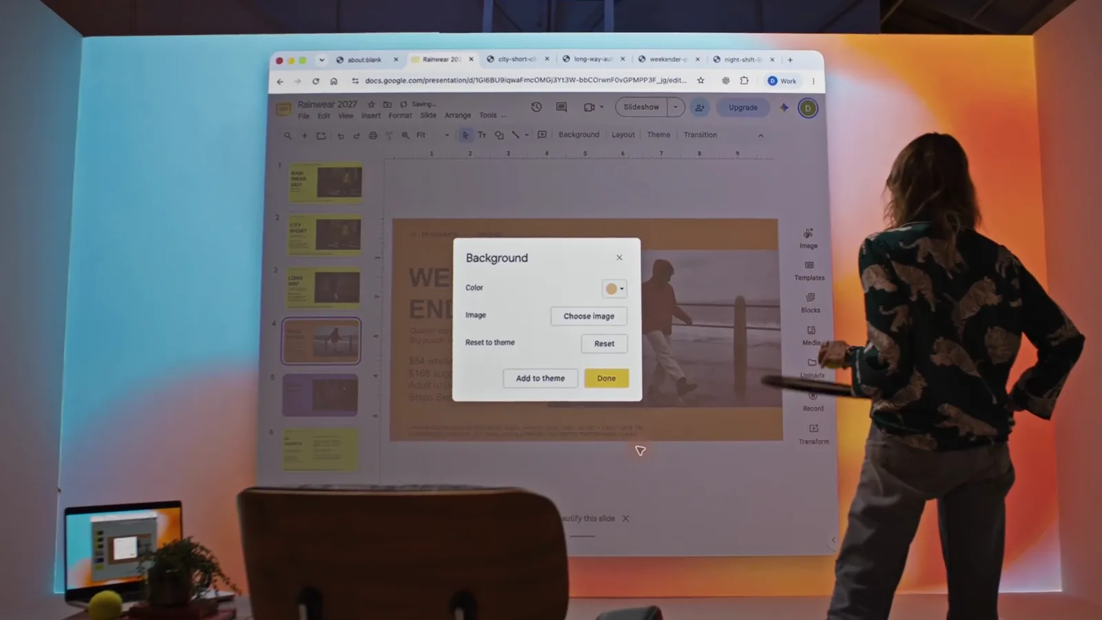 Background popover open in a slide editor while GPT-6 Astra changes the deck background color to match the raincoat product photos Background popover open in a slide editor while GPT-6 Astra changes the deck background color to match the raincoat product photos