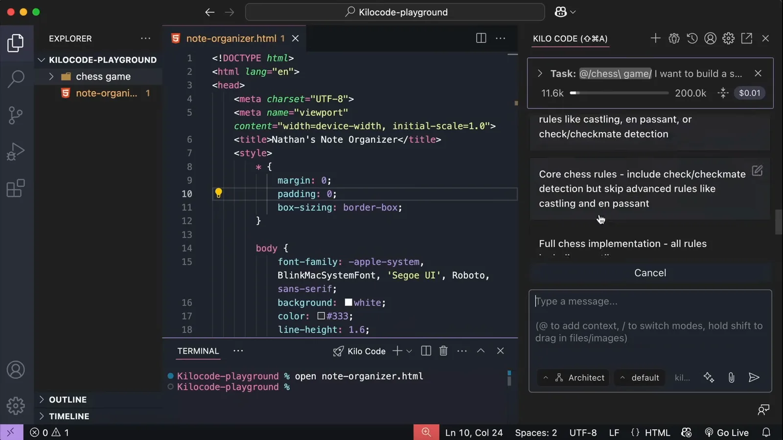Kilo Code Architect mode asking what level of chess functionality to implement and offering Full chess implementation or Basic piece movement answer buttons Kilo Code Architect mode asking what level of chess functionality to implement and offering Full chess implementation or Basic piece movement answer buttons