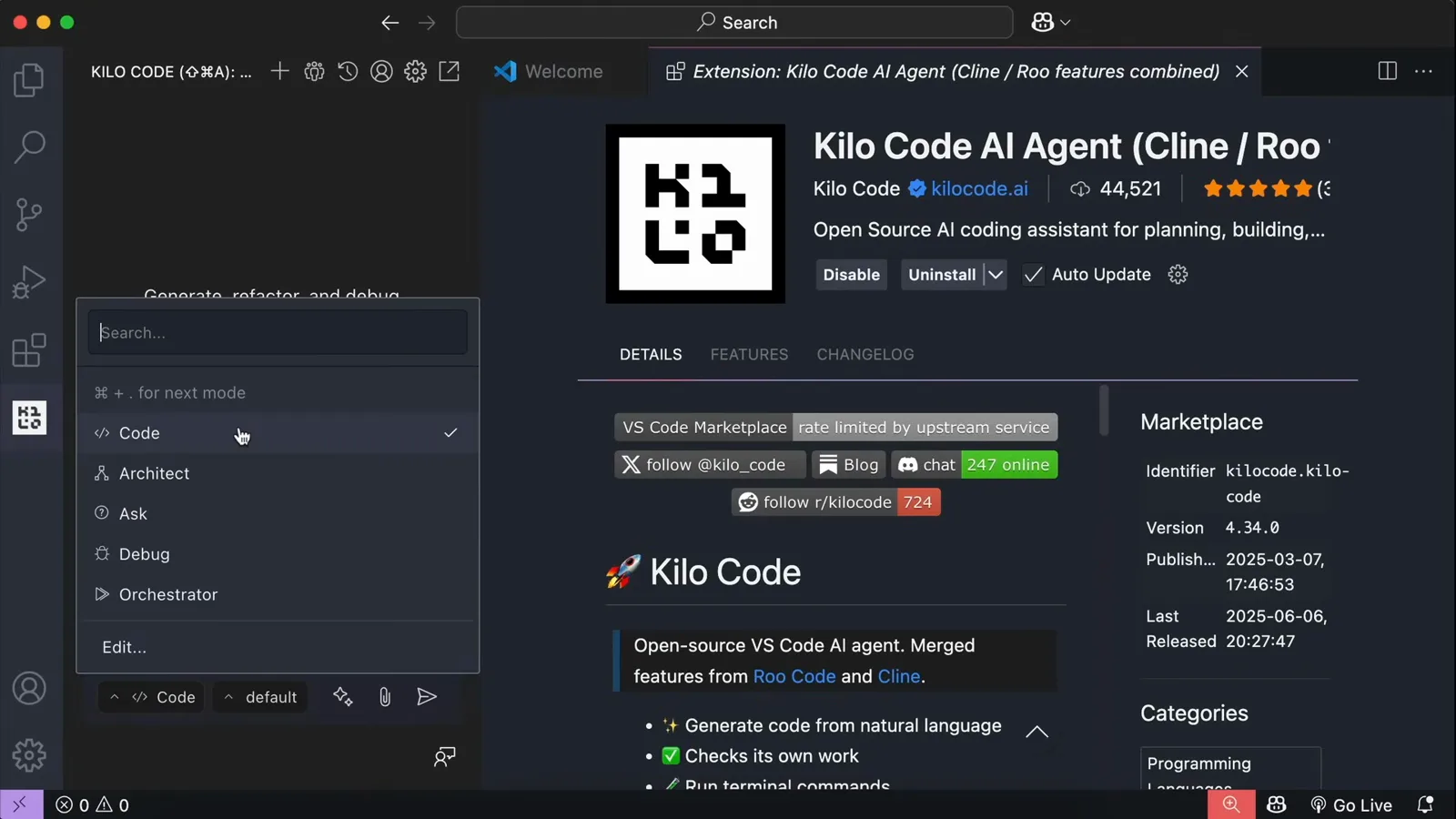Kilo Code interaction mode dropdown in VS Code listing the Code, Architect, Ask, Debug and Orchestrator modes used to plan, build and debug an app Kilo Code interaction mode dropdown in VS Code listing the Code, Architect, Ask, Debug and Orchestrator modes used to plan, build and debug an app