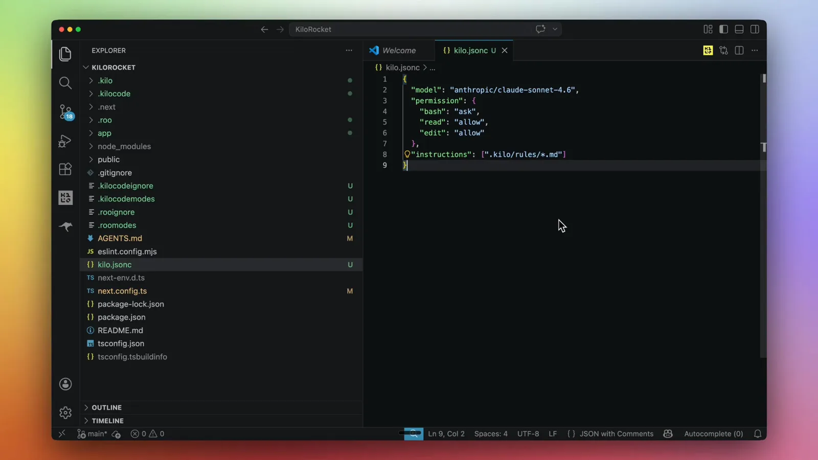 kilo.jsonc open in VS Code with a model entry and allow or ask permissions that replace Roo Code tool groups after migration kilo.jsonc open in VS Code with a model entry and allow or ask permissions that replace Roo Code tool groups after migration