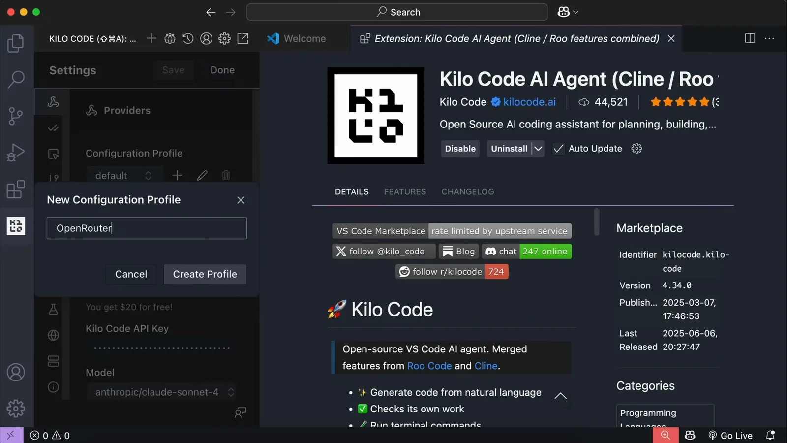 New Configuration Profile dialog in Kilo Code settings with the name OpenRouter typed in, the first step of adding a second BYOK provider New Configuration Profile dialog in Kilo Code settings with the name OpenRouter typed in, the first step of adding a second BYOK provider