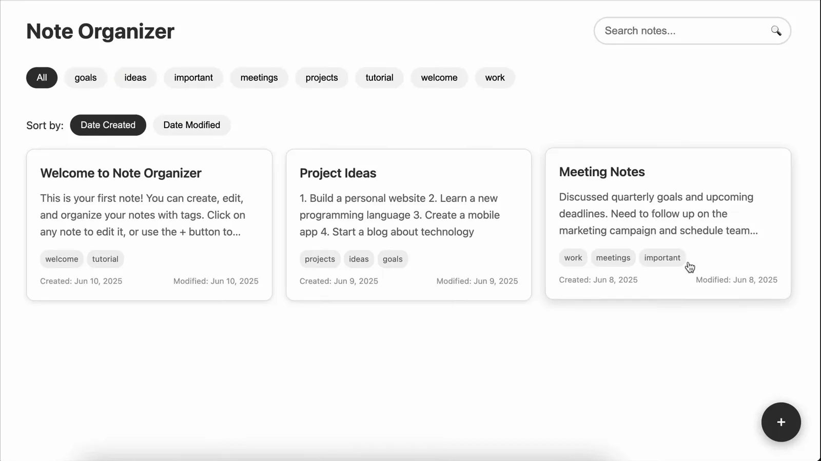Note Organizer web app that Kilo Code generated from a single prompt, showing note cards, tag filters, instant search and date-created sorting in the browser Note Organizer web app that Kilo Code generated from a single prompt, showing note cards, tag filters, instant search and date-created sorting in the browser
