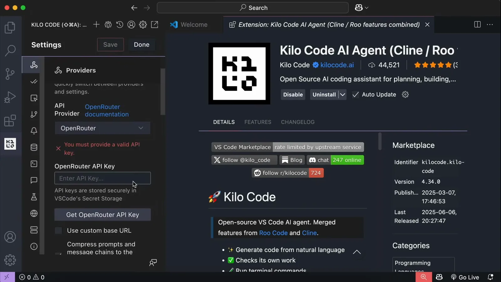 Kilo Code provider profile switched to OpenRouter with an empty API key raising the You must provide a valid API key warning next to the custom base URL option Kilo Code provider profile switched to OpenRouter with an empty API key raising the You must provide a valid API key warning next to the custom base URL option