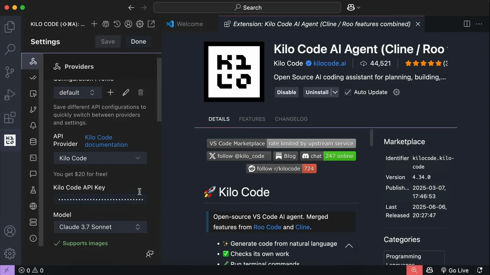 Kilo Code settings Providers page showing the default Kilo Code API profile with its sign-up credit notice, API key field and Claude 3.7 Sonnet model picker Kilo Code settings Providers page showing the default Kilo Code API profile with its sign-up credit notice, API key field and Claude 3.7 Sonnet model picker
