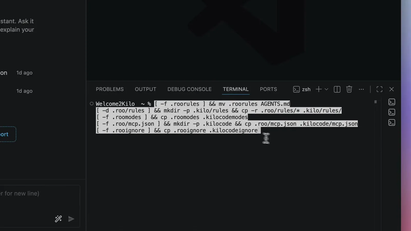 VS Code terminal running the porting commands that copy .roorules to AGENTS.md, .roomodes to .kilocodemodes and .roo/mcp.json to .kilocode/mcp.json VS Code terminal running the porting commands that copy .roorules to AGENTS.md, .roomodes to .kilocodemodes and .roo/mcp.json to .kilocode/mcp.json