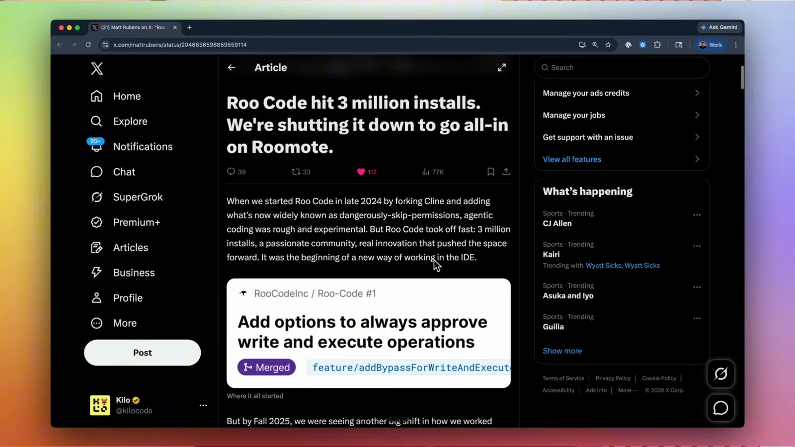 dev.to post announcing the Roo Code shutdown with its 3 million installs headline and a Kilo Code maintainer reply proposing always-approve options in the comment box dev.to post announcing the Roo Code shutdown with its 3 million installs headline and a Kilo Code maintainer reply proposing always-approve options in the comment box