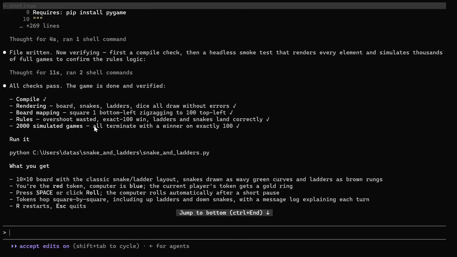 Claude Code verification checklist reading All checks pass with compile, rendering, board mapping, rules and 2000 simulated games ticked, above the Run it command python C:\Users\datas\snake_and_ladders\snake_and_ladders.py
