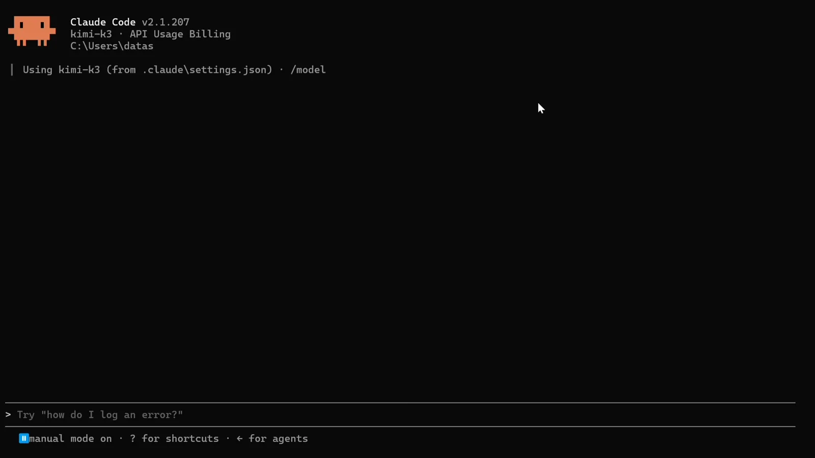 Claude Code v2.1.207 startup banner showing kimi-k3 with API Usage Billing and the line Using kimi-k3 (from .claude\settings.json), proof that the settings.json env block is routing Claude Code to Kimi K3