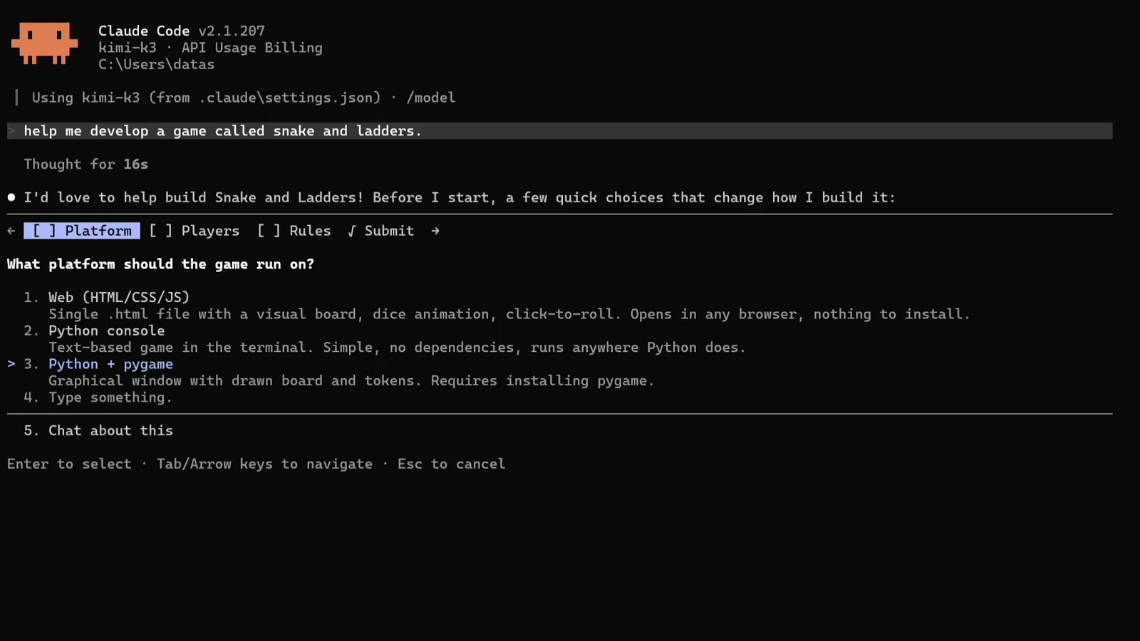 Claude Code clarifying question What platform should the game run on with Web HTML/CSS/JS, Python console and Python + pygame options where Enter selects and Tab with arrow keys navigate, the structured answers Kimi K3 requests before writing code