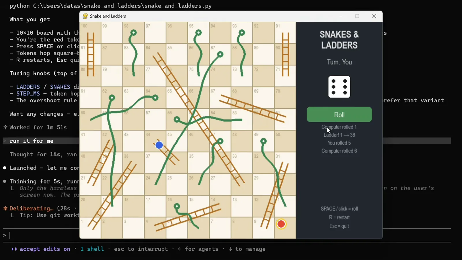 Snake and Ladders pygame window with a 10x10 board of green snakes and brown ladders beside a SNAKES & LADDERS panel showing Turn You, a dice face and a green Roll button, the game Kimi K3 built end to end in Claude Code
