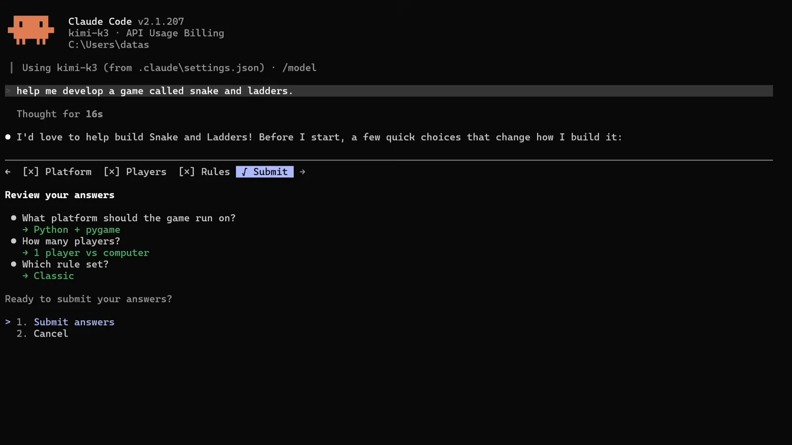 Claude Code Review your answers screen listing Python + pygame, 1 player vs computer and Classic in green with Submit answers highlighted as the first option, the confirmation step before Kimi K3 starts building