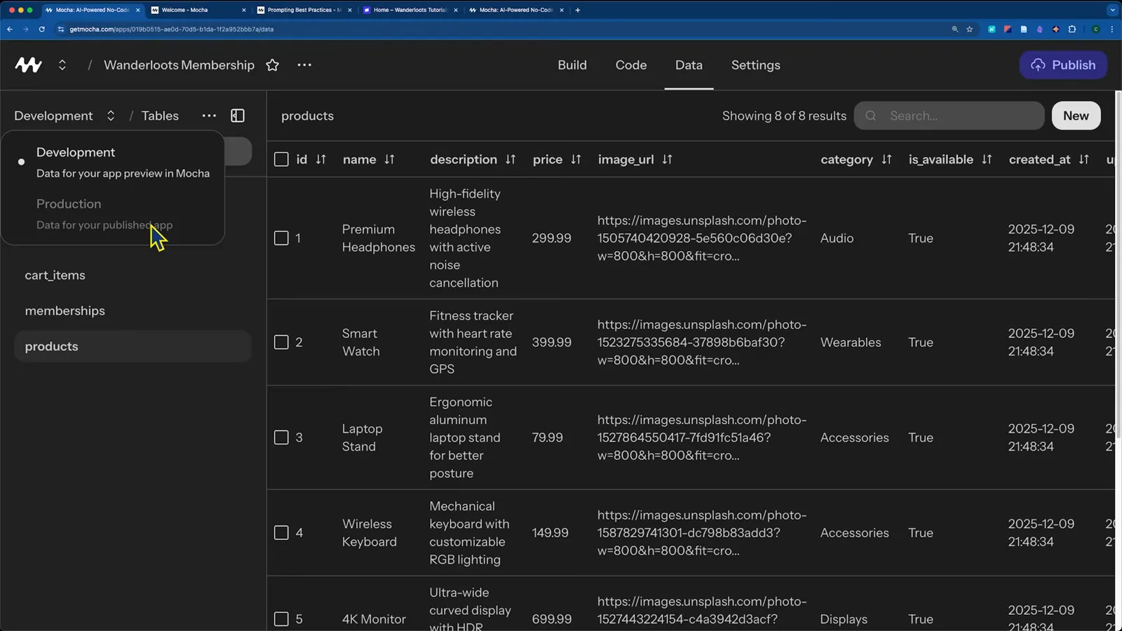 Mocha AI Data tab showing the products table filled with eight mock rows in the development database beside the cart_items and memberships tables and a New row button