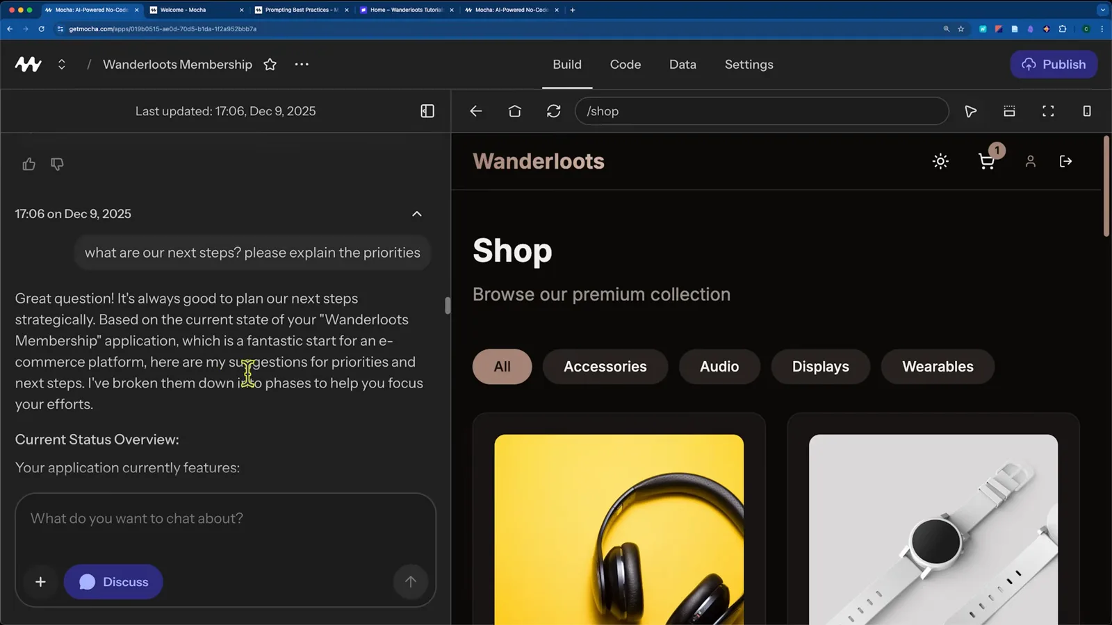 Mocha AI chat answering a What are our next steps question in Discuss mode with a prioritized checkout plan while the storefront preview stays untouched on the right