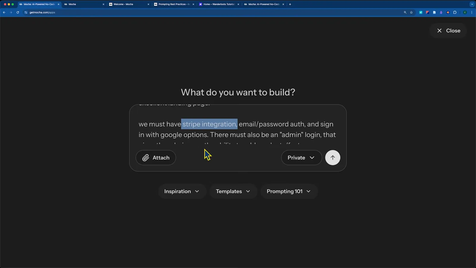 A filled Mocha AI prompt asking for an e-commerce membership store with Stripe integration, email and Google sign-in options and an admin login, ready to send from the What do you want to build? box