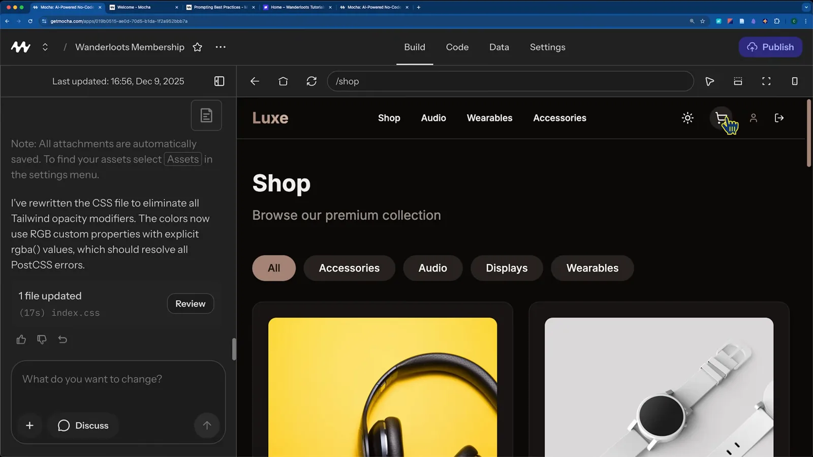 Mocha AI Build tab previewing a generated Luxe e-commerce storefront with category filter chips, a product grid and the Development versus Production data toggle over the canvas
