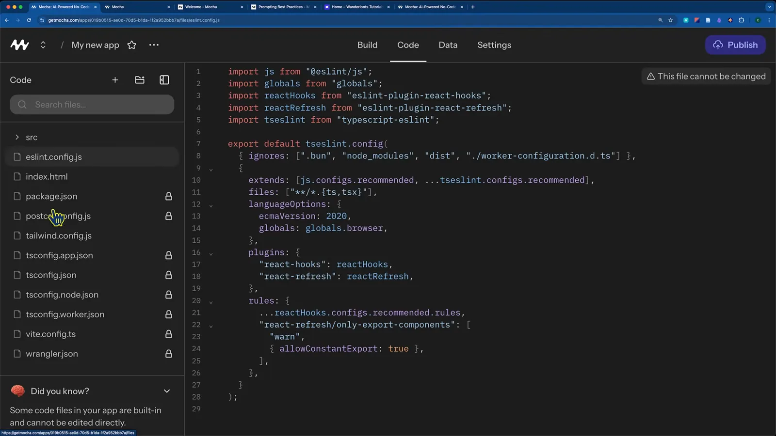 Mocha AI Code tab file tree listing the api, client and root-config files of a generated app beside an editor badge that says this file cannot be changed while the AI is building