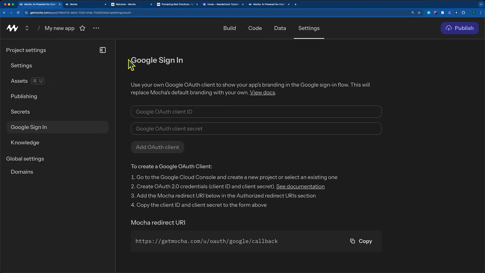 Mocha AI Settings panel for Google Sign In with Google OAuth Client ID fields, numbered Google Cloud Console steps and the Mocha redirect URI ready to copy