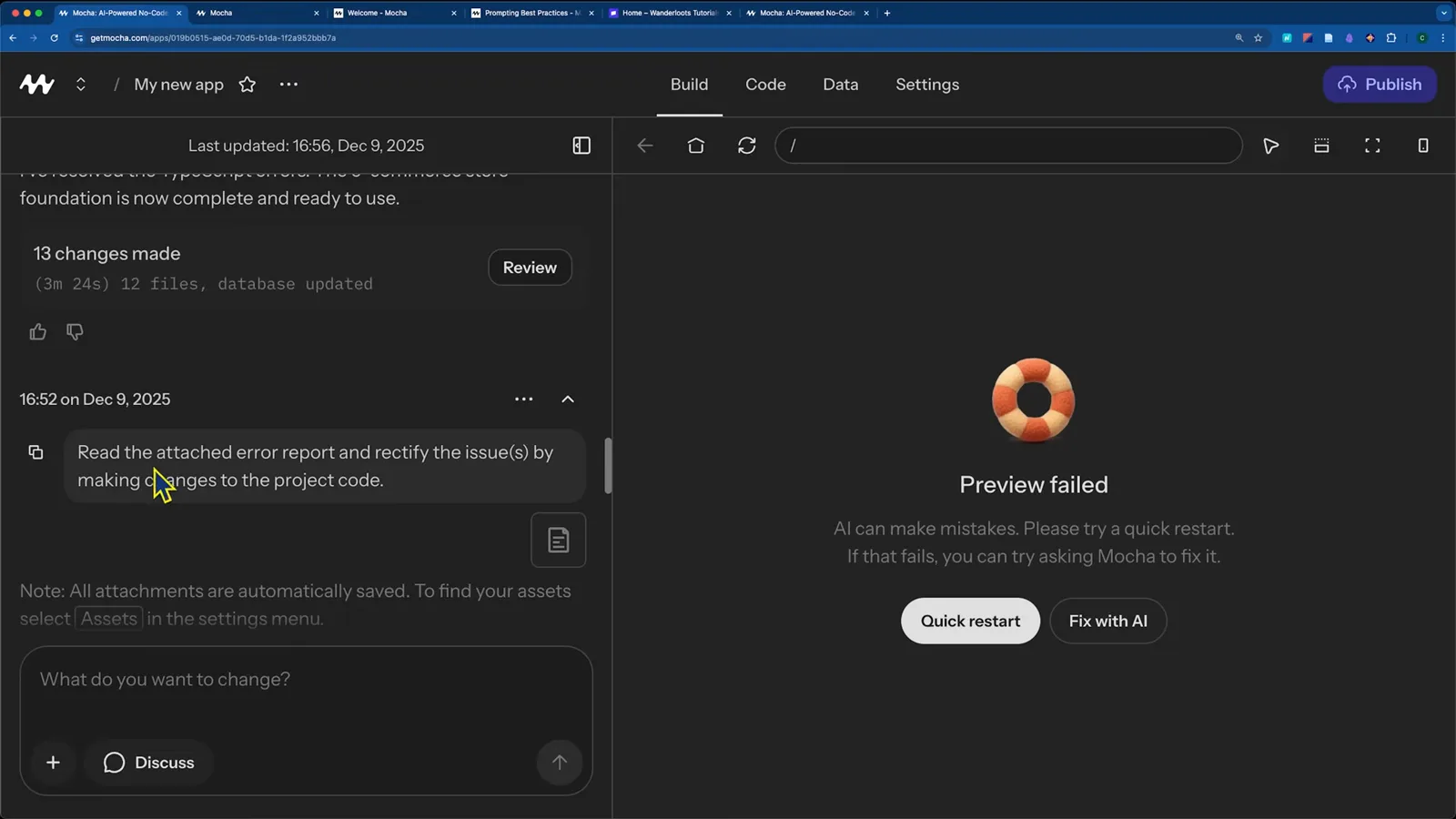 Mocha AI showing a Preview failed state with Quick restart and Fix with AI buttons after the first build of an e-commerce store returned a TypeScript error