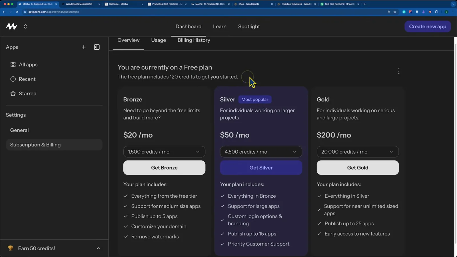 Mocha pricing page with a Free plan banner and Bronze at 20 dollars per month for 1,500 credits, Silver at 50 dollars for 4,500 credits and Gold at 200 dollars for 25,000 credits