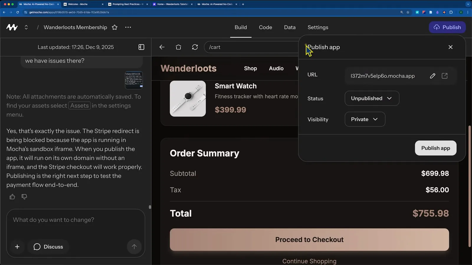 Mocha AI Publish app dialog showing the mocha.app subdomain URL, a Status set to Unpublished, Private visibility and the Publish app button over a Smart Watch product page