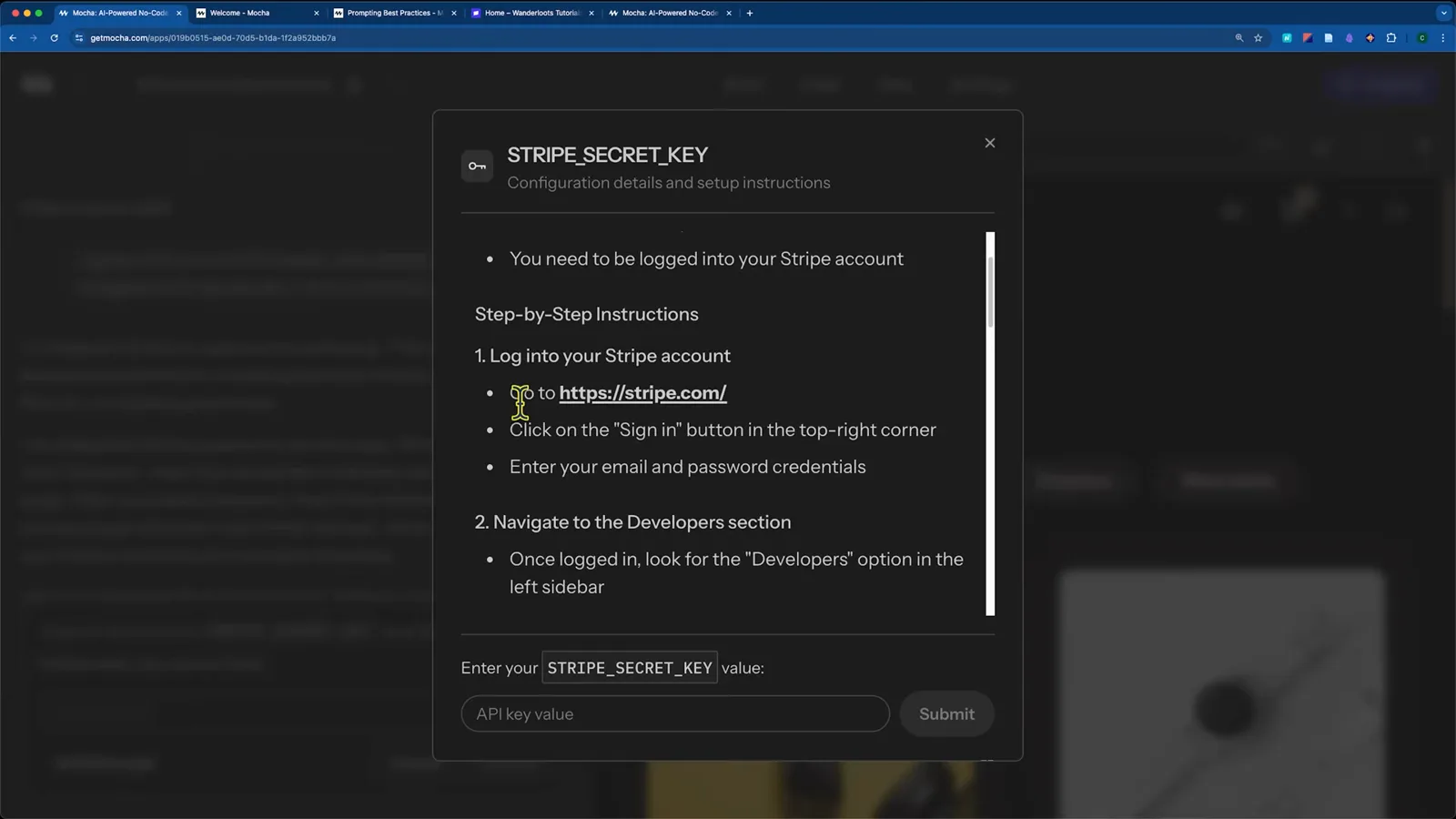 Mocha AI STRIPE_SECRET_KEY dialog with a step-by-step walkthrough for copying the API key from the Stripe dashboard and a field to submit the secret value
