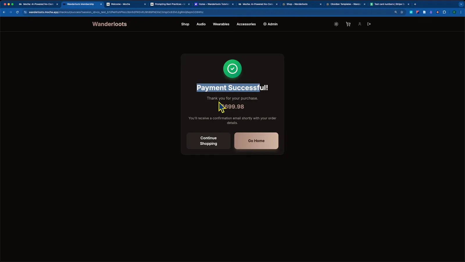Payment Successful confirmation from a Mocha app test checkout showing a 699.98 dollar order paid in Stripe test mode with Continue Shopping and Explore buttons