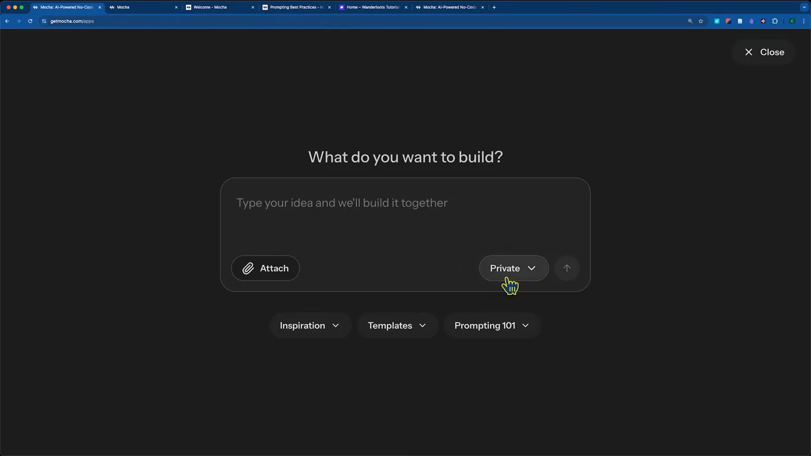 Mocha AI app builder opening screen with the What do you want to build? prompt box, an Attach button, a Private visibility dropdown and Inspiration, Templates and Prompting 101 shortcuts