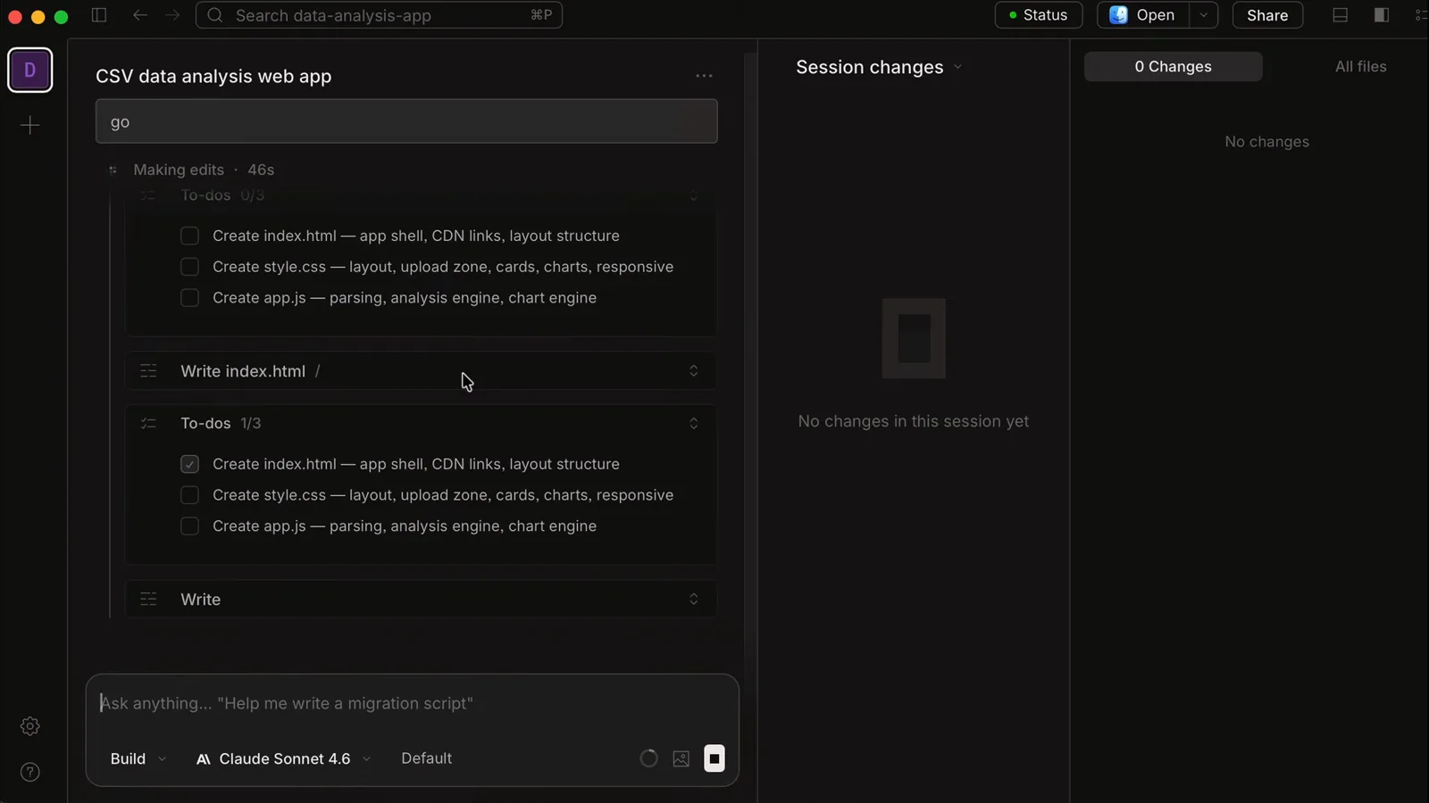 Build mode running in the OpenCode desktop app with the To-dos checklist at 0/3 for index.html, style.css and app.js plus a Write index.html tool call in progress