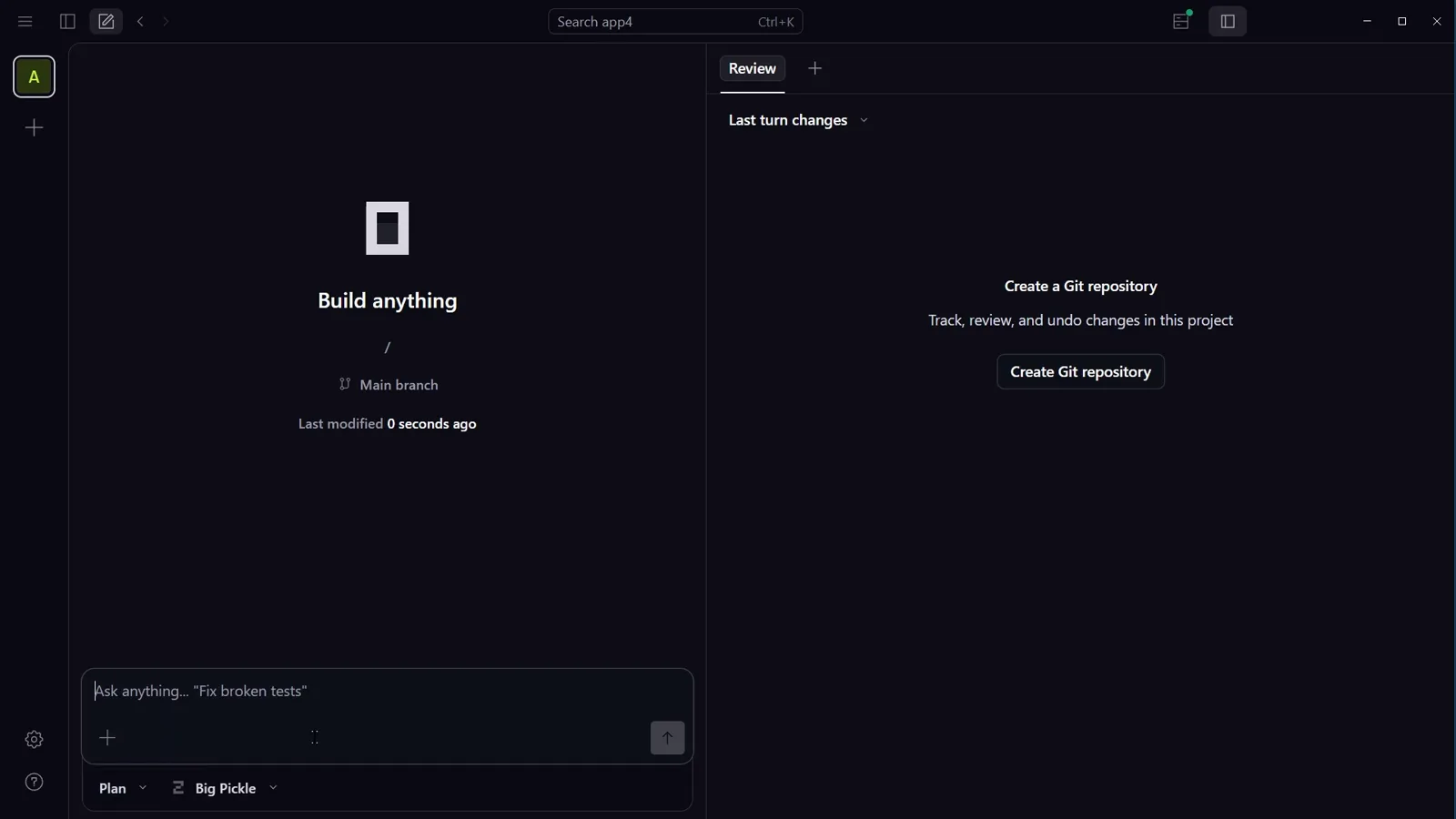 OpenCode desktop composer with the mode dropdown set to Plan beside the Big Pickle model picker on an empty Build anything workspace, before any prompt is sent