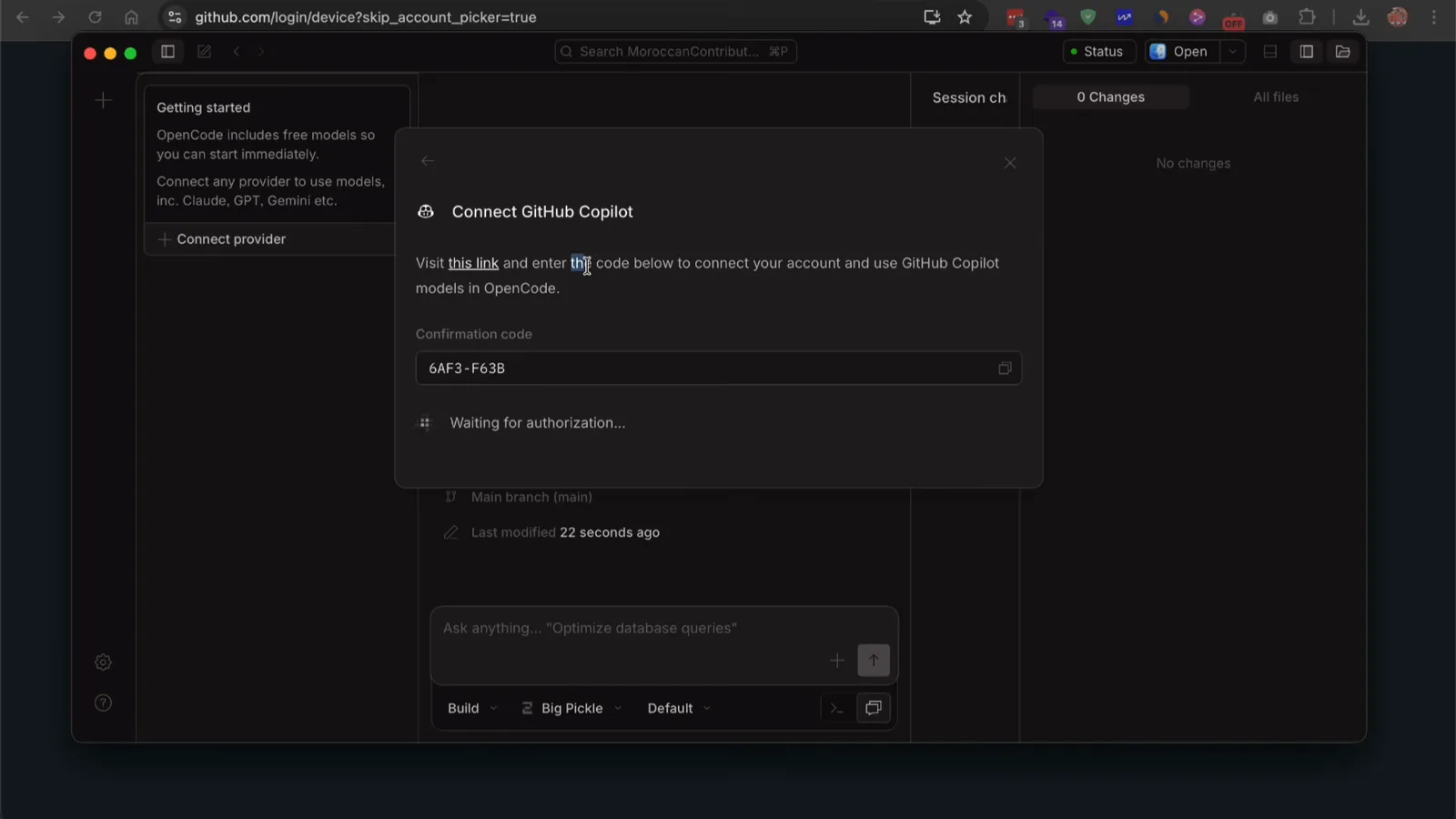 Connect GitHub Copilot dialog in the OpenCode desktop app showing the confirmation code 6AF3-F63B and Waiting for authorization while github.com/login/device is open behind it
