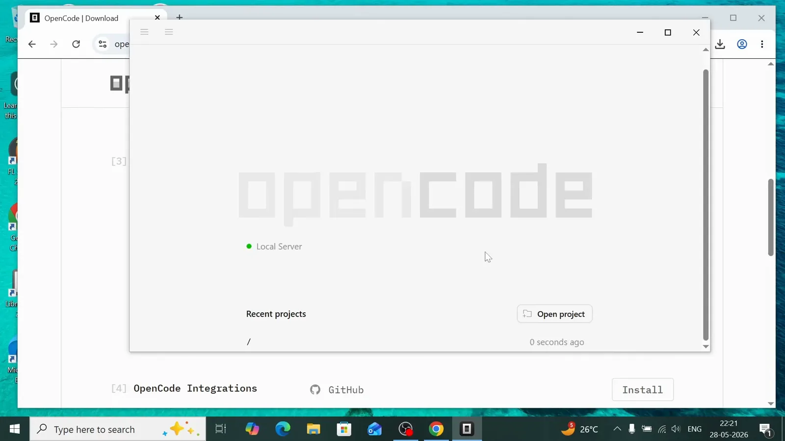 OpenCode desktop app first launch on Windows with the green Local Server dot, the Recent projects list and the Open project button used to pick your code folder