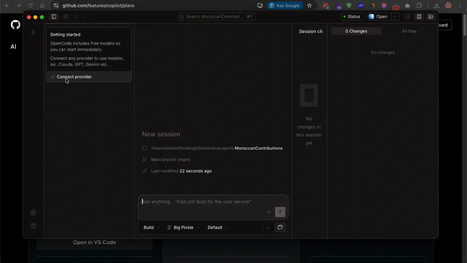 OpenCode desktop Getting started card saying free models are included next to the Connect provider button that opens provider and model setup in a new session